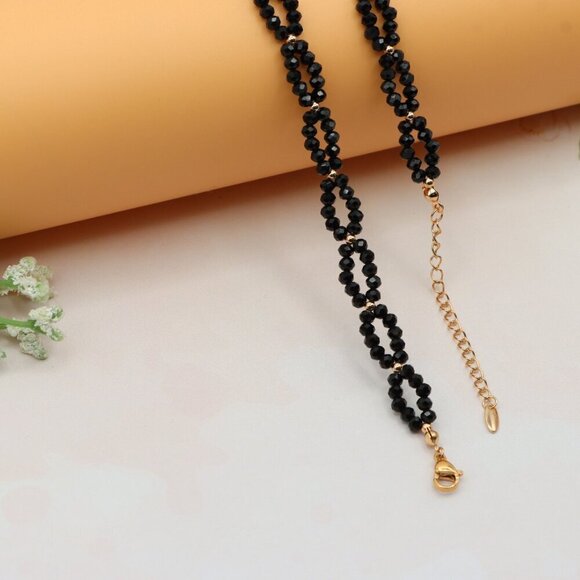 Rose Gold Black Beaded Necklace with Gold-Plated Brass Finish, XPNL0234 - Picture 11 of 12